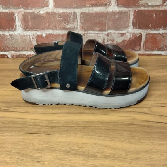 UGG Platform Sandals Womens Size 7 Leather Brown Black White Easy On Sandals - Picture 5 of 8